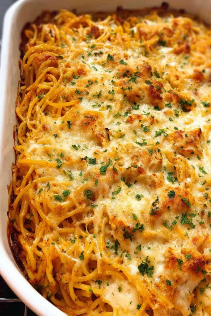 Delicious Baked Chicken Spaghetti topped with cheese and herbs.