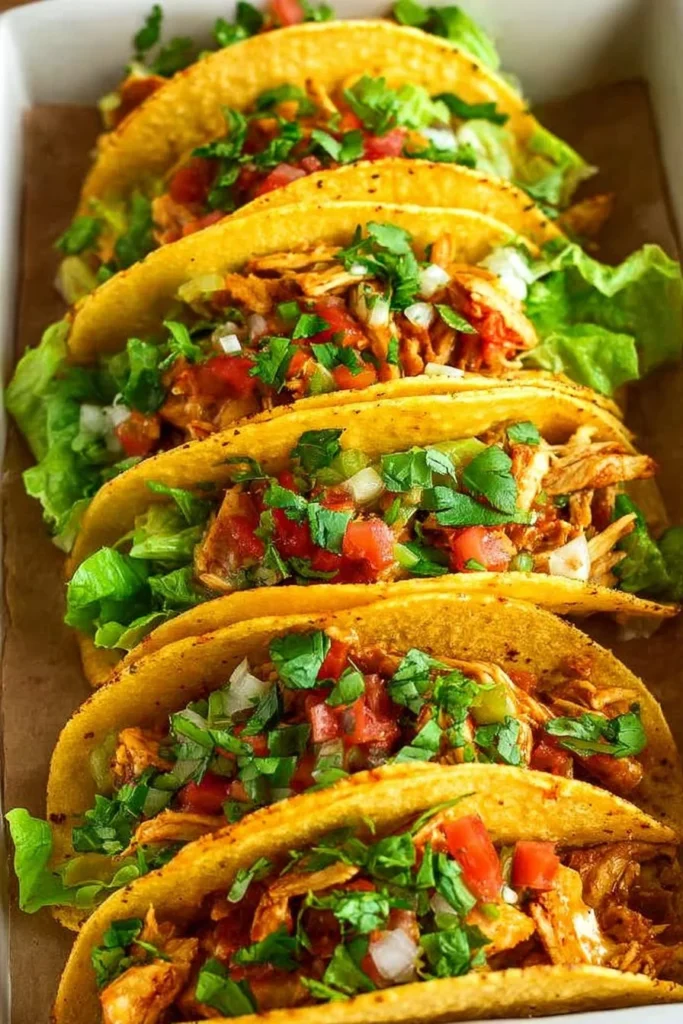 Baked chicken tacos served with fresh toppings and garnishes