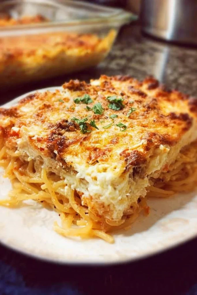 Baked Cream Cheese Spaghetti Casserole topped with melted cheese in a baking dish.