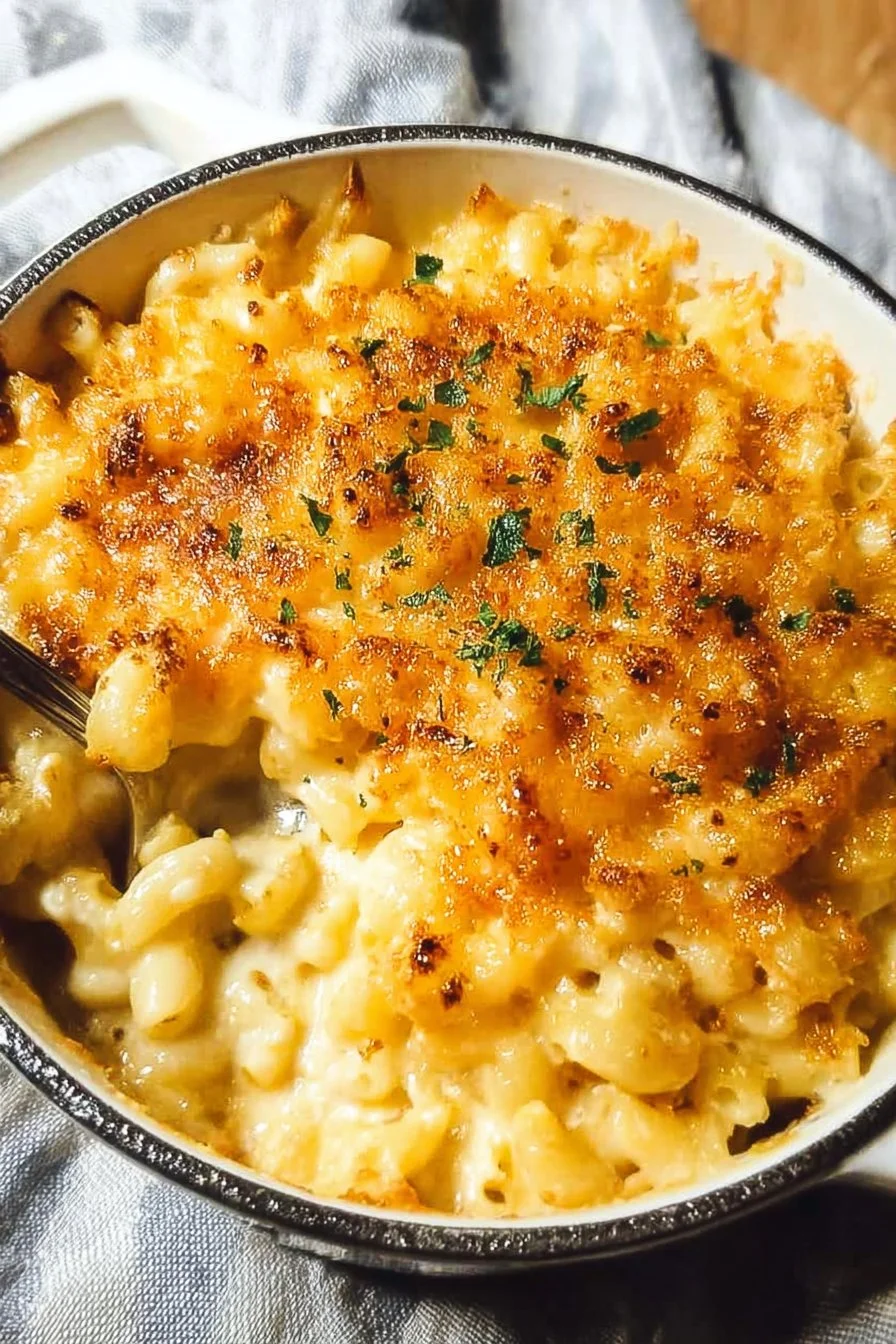 Creamy baked macaroni and cheese topped with golden breadcrumbs