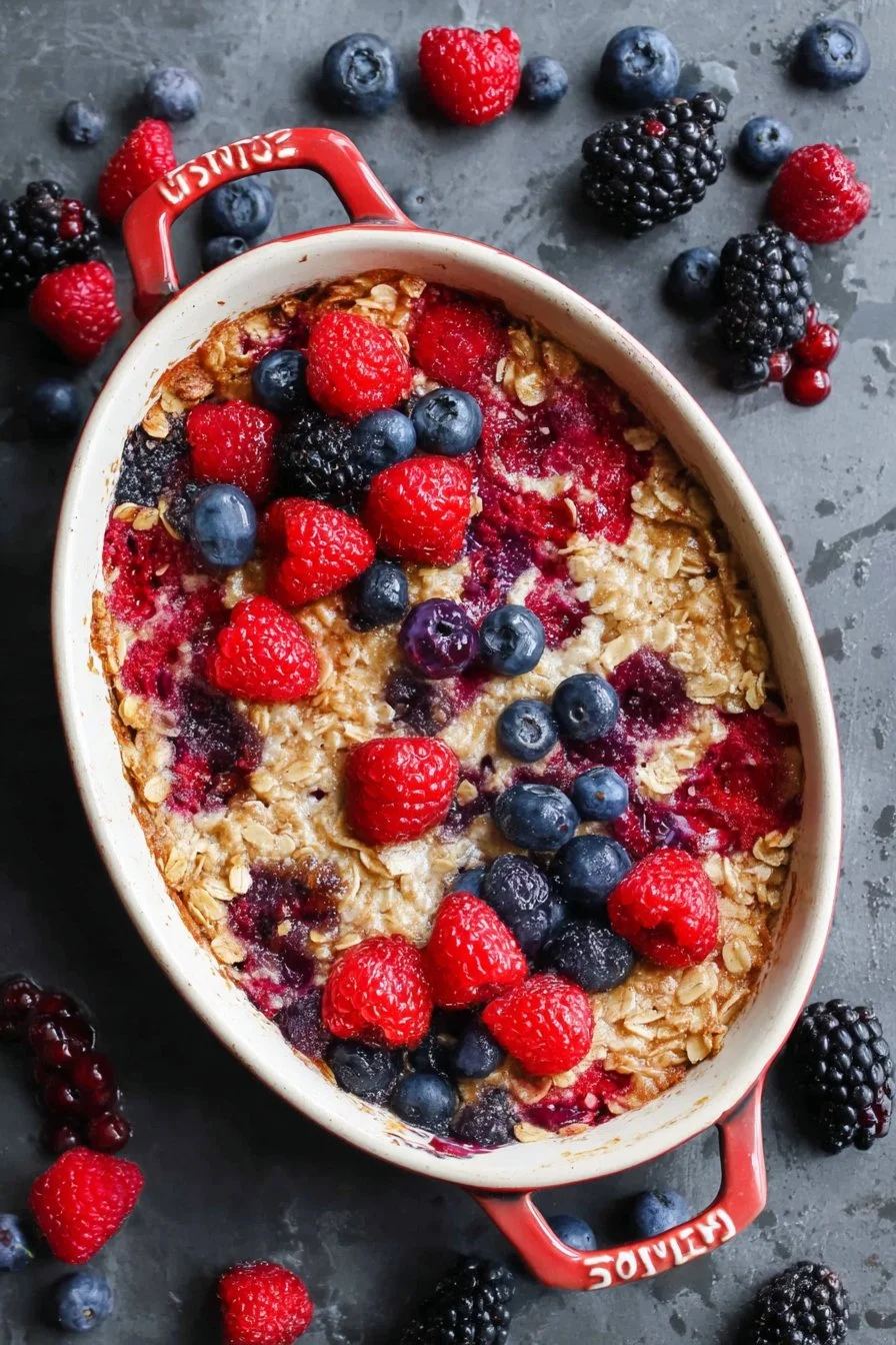 Delicious baked oatmeal topped with fresh berries for a healthy breakfast.