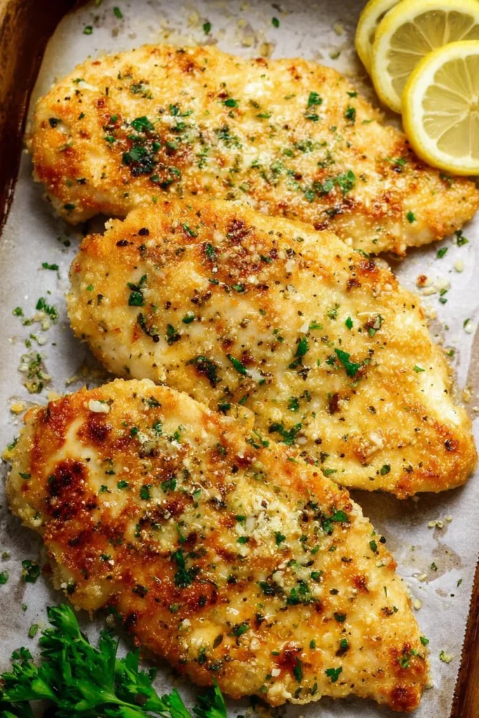 Baked Parmesan Garlic Chicken garnished with herbs and served on a plate