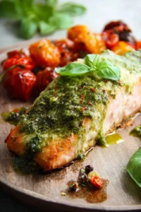 Baked Pesto Salmon with fresh herbs and spices on a dish