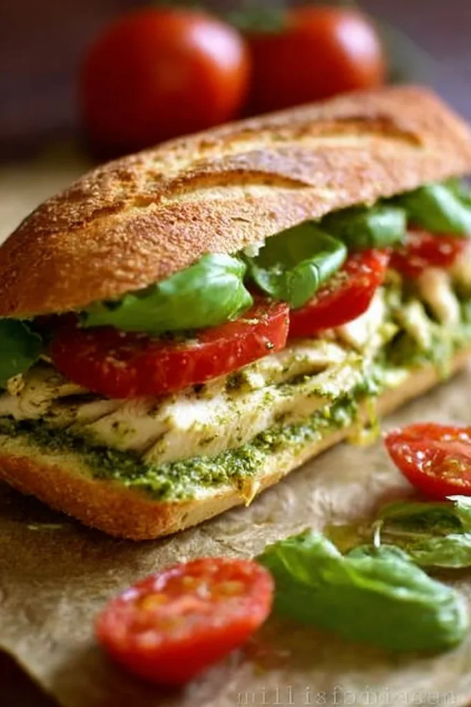 Basil Pesto Chicken Sandwich with fresh ingredients and vibrant colors