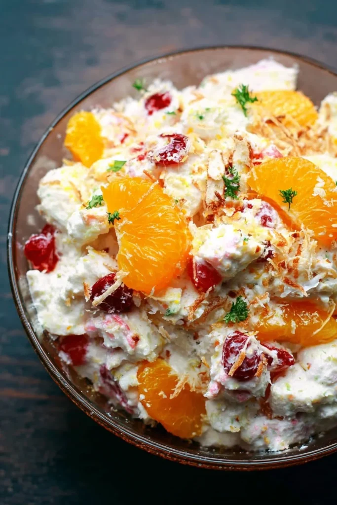 Best Ever Ambrosia Salad 1 Delicious Ambrosia Salad with fruits and fluffy topping in a serving bowl