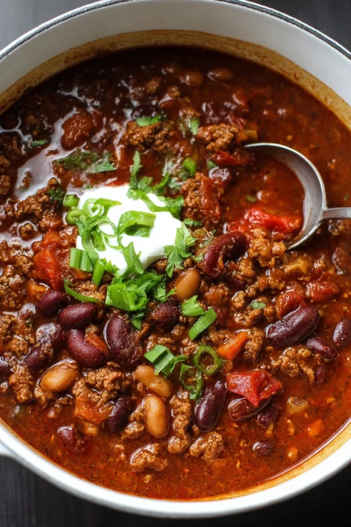 Bowl of the best ever chili recipe topped with cheese and herbs
