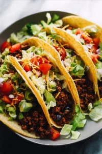 Delicious ground beef tacos served with fresh toppings and salsa.