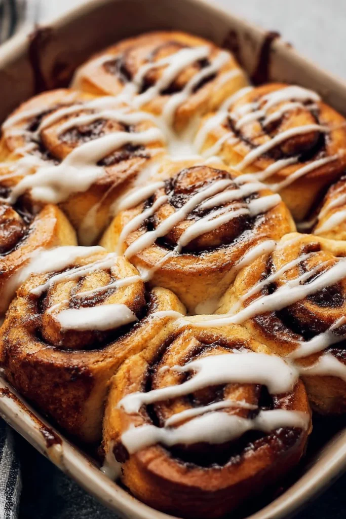 Freshly baked biscuit cinnamon rolls with cinnamon and icing glaze
