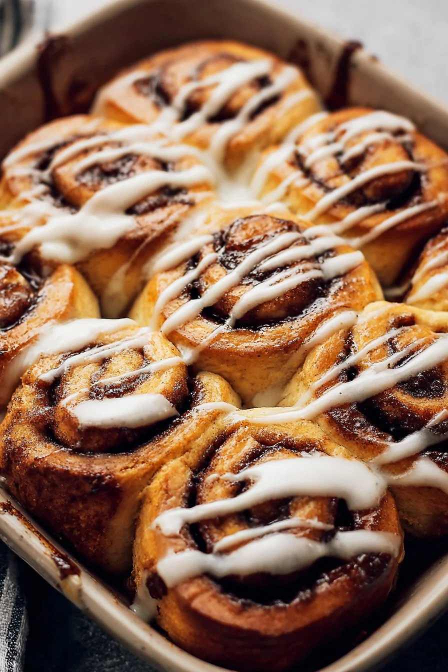 Freshly baked biscuit cinnamon rolls with cinnamon and icing glaze