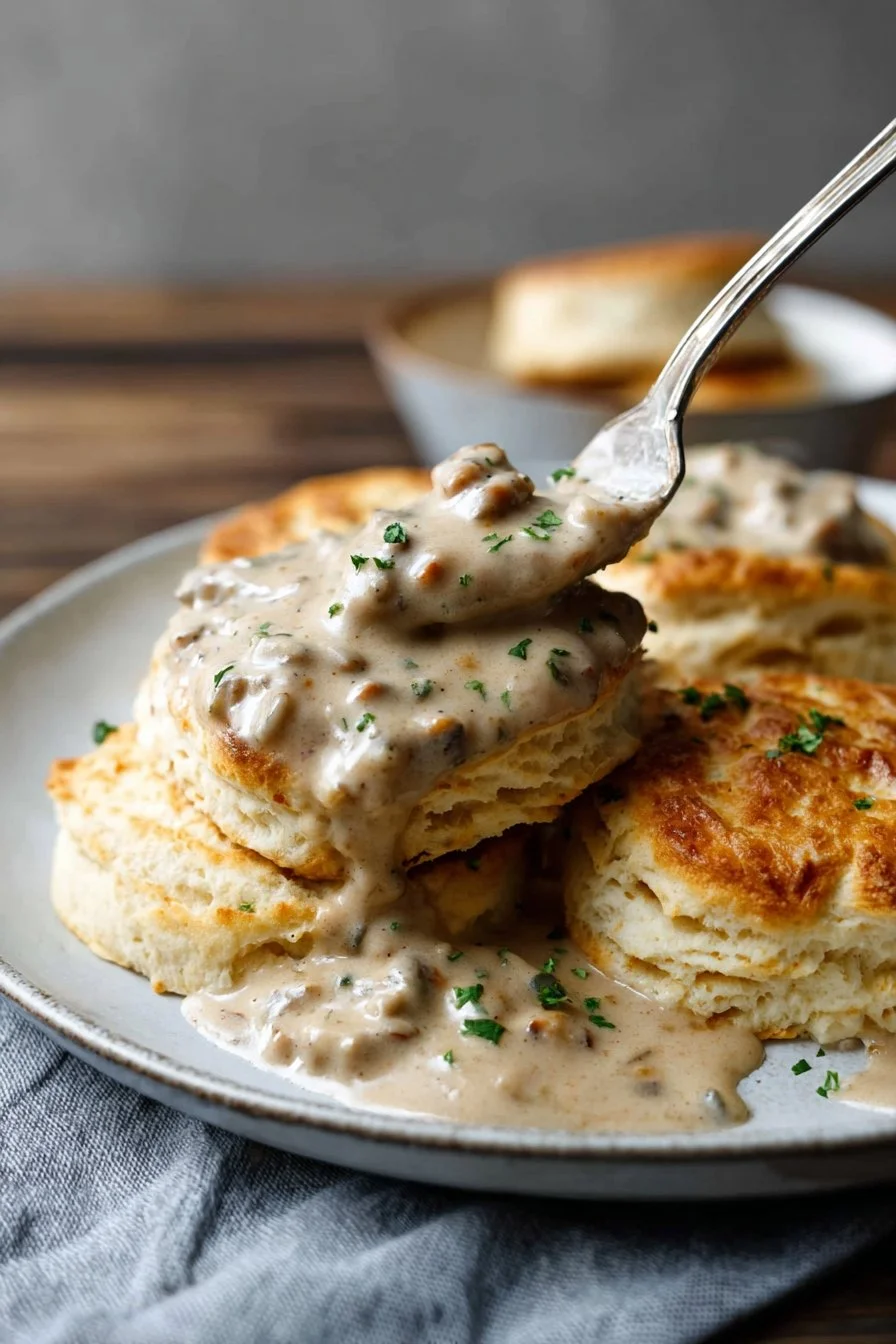 Delicious homemade biscuits and gravy served on a plate