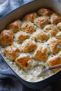 Delicious Biscuits and Gravy Casserole ready to serve