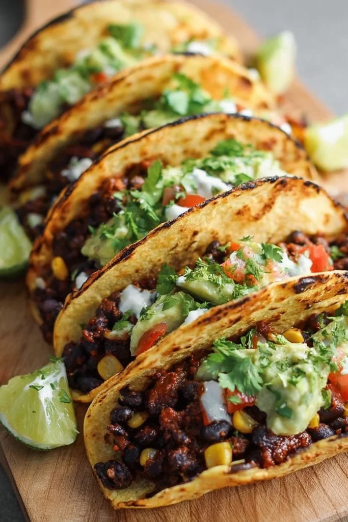Delicious black bean tacos topped with fresh ingredients and garnishes