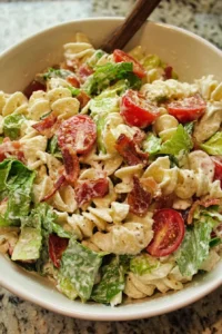 Delicious BLT Pasta Salad with bacon, lettuce, and tomatoes
