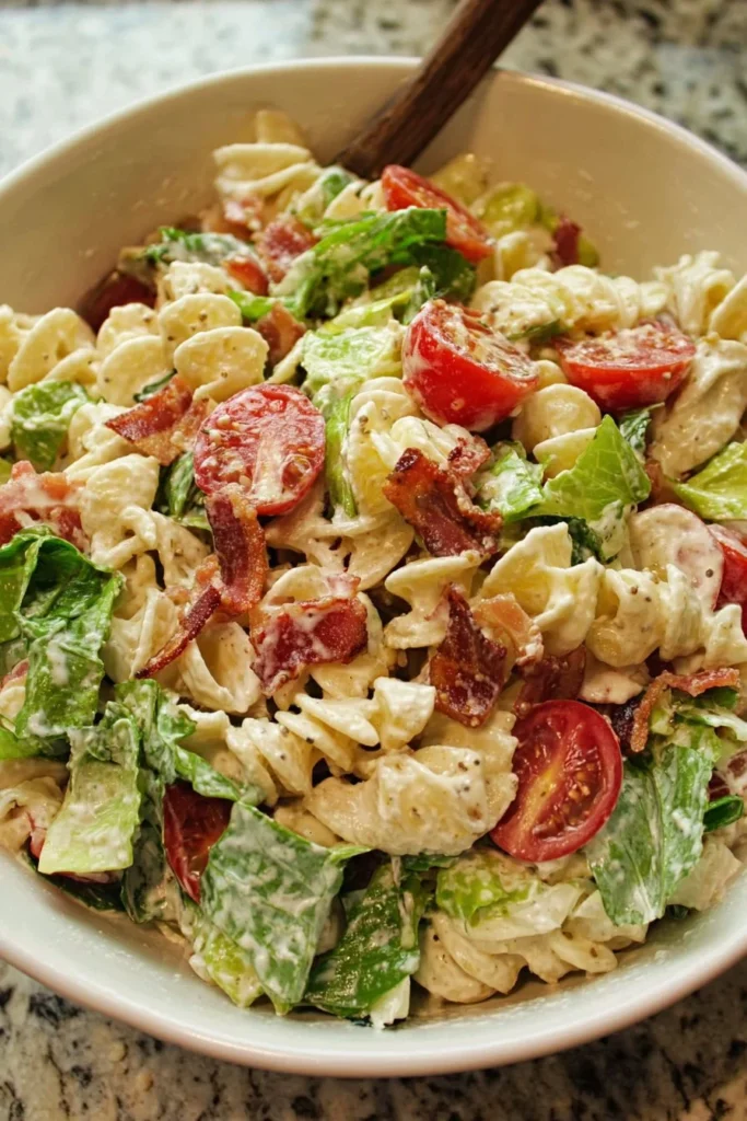 Delicious BLT Pasta Salad with bacon, lettuce, and tomatoes