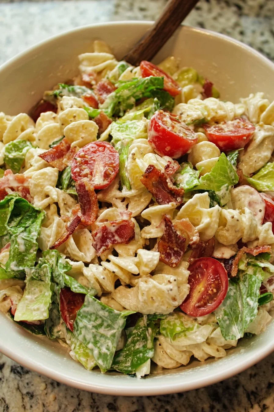 Delicious BLT Pasta Salad with bacon, lettuce, and tomatoes