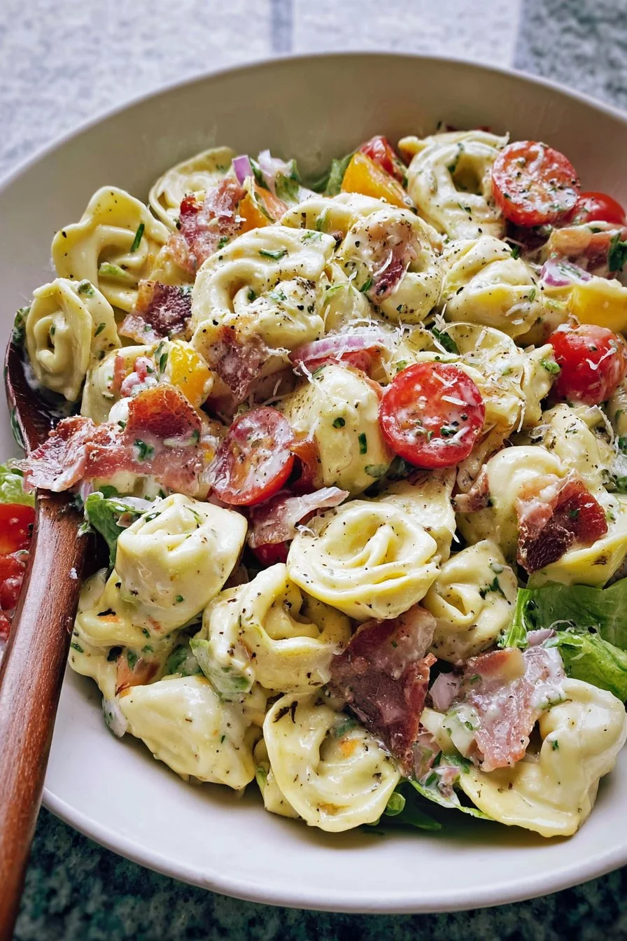 Delicious BLT Tortellini Pasta Salad with bacon, lettuce, and tomatoes