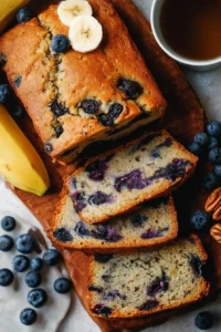 Slice of homemade blueberry banana bread on a wooden table