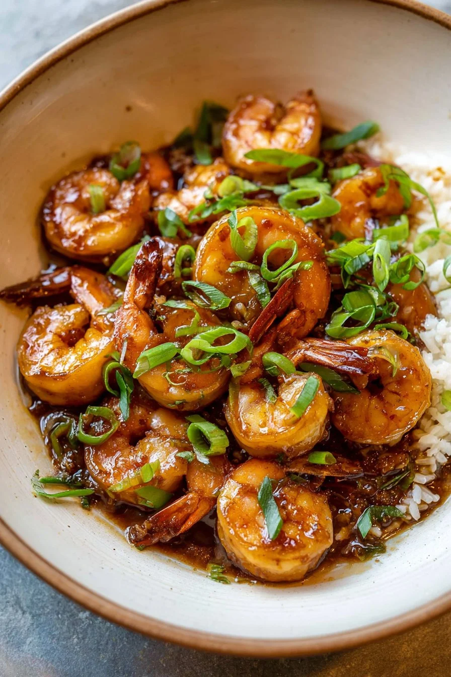 Delicious Bourbon Shrimp with a rich glaze served on a plate