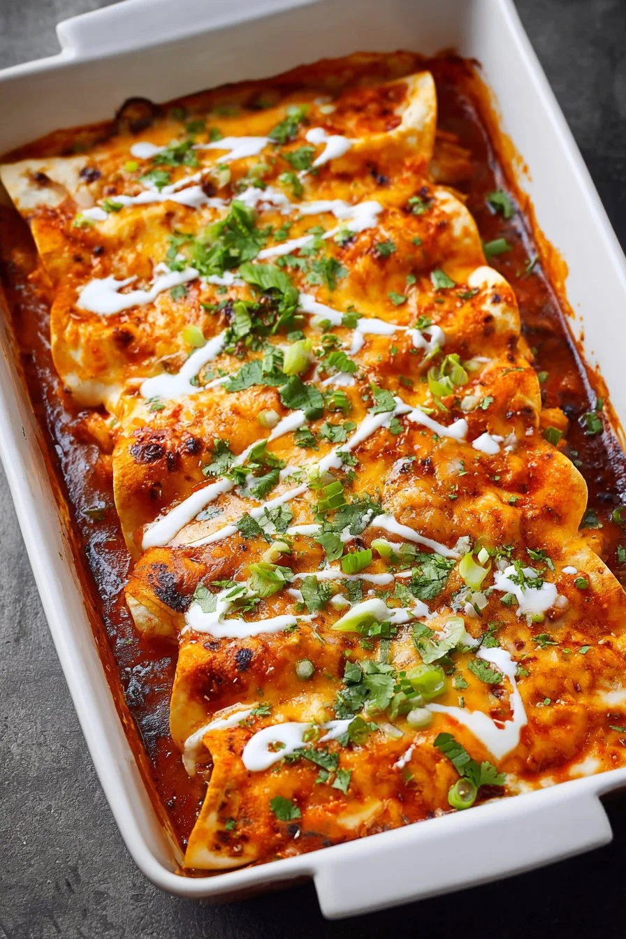 Delicious Buffalo Chicken Enchiladas topped with cheese and drizzled with sauce