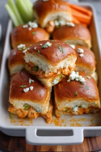 Buffalo Chicken Sliders topped with sauce and garnished with green onions on a platter.