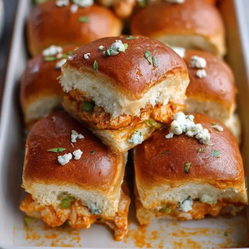 Buffalo Chicken Sliders topped with sauce and garnished with green onions on a platter.