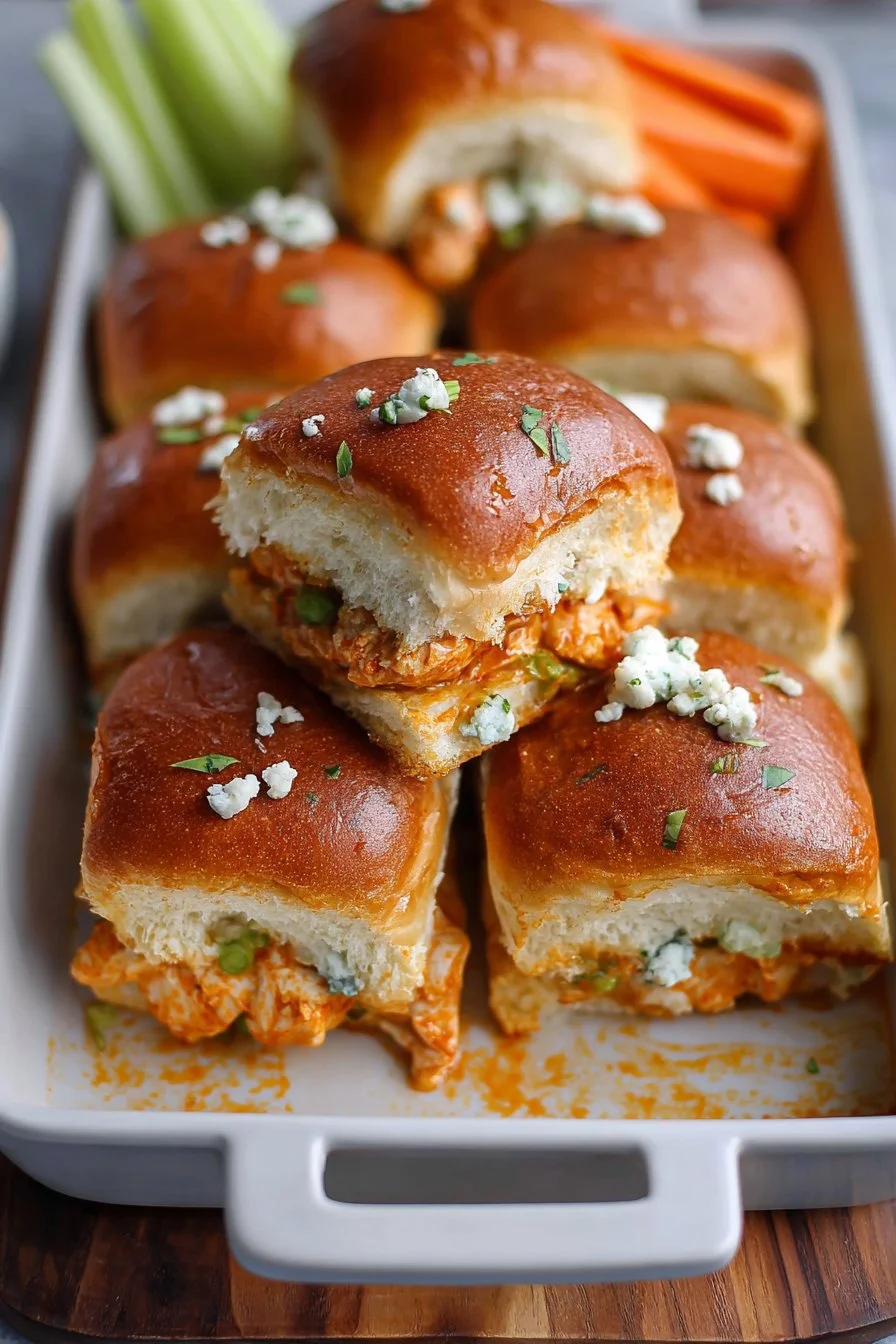 Buffalo Chicken Sliders topped with sauce and garnished with green onions on a platter.