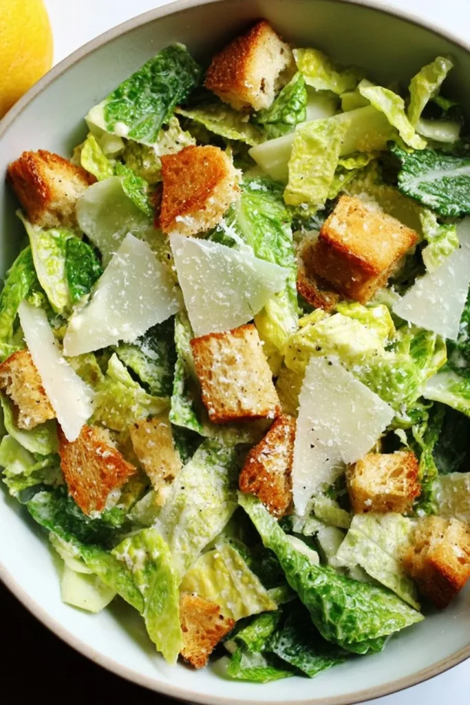 Delicious Caesar Salad ready to serve with romaine lettuce and dressing