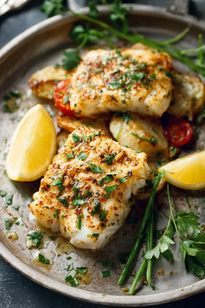 Delicious Cajun Baked Cod served with fresh herbs and spices