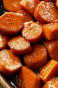 Bowl of deliciously glazed candied sweet potatoes with a sprinkle of nuts