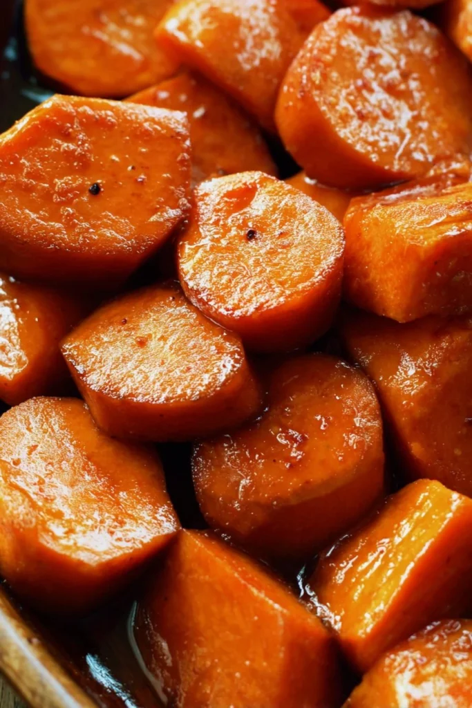 Bowl of deliciously glazed candied sweet potatoes with a sprinkle of nuts