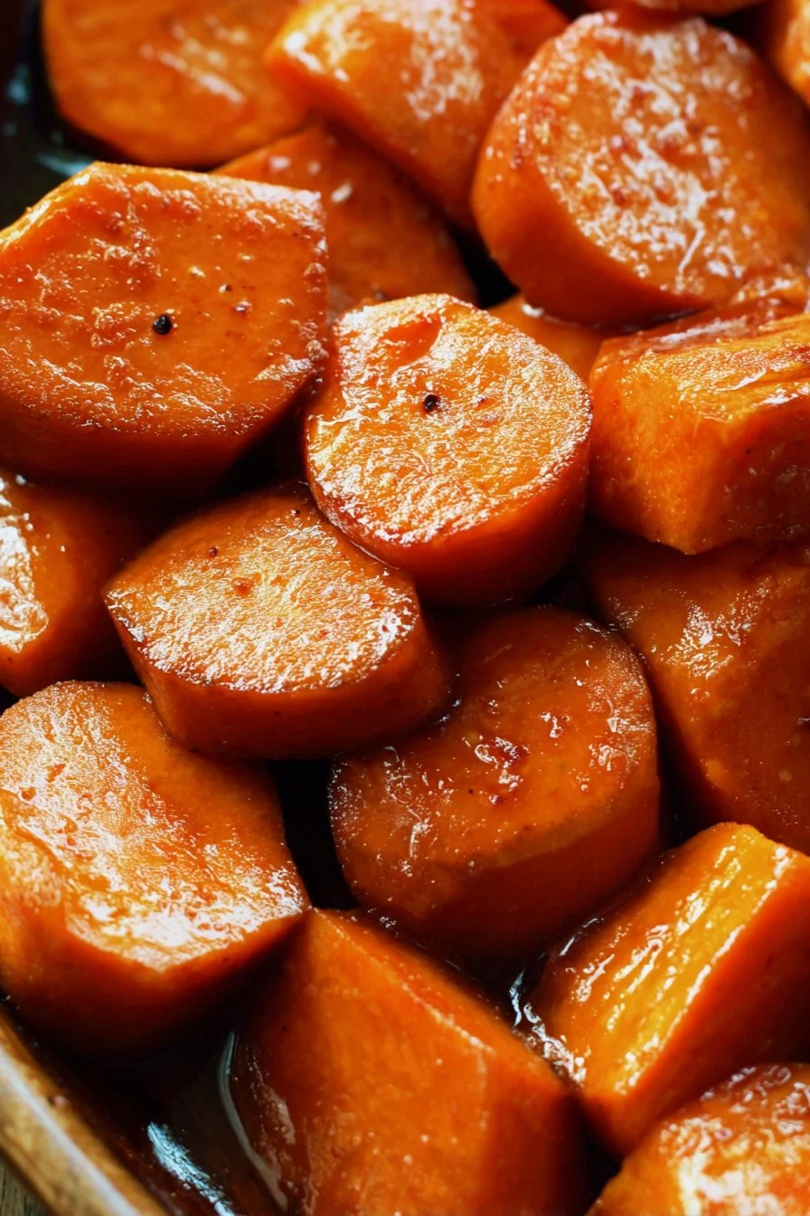 Bowl of deliciously glazed candied sweet potatoes with a sprinkle of nuts