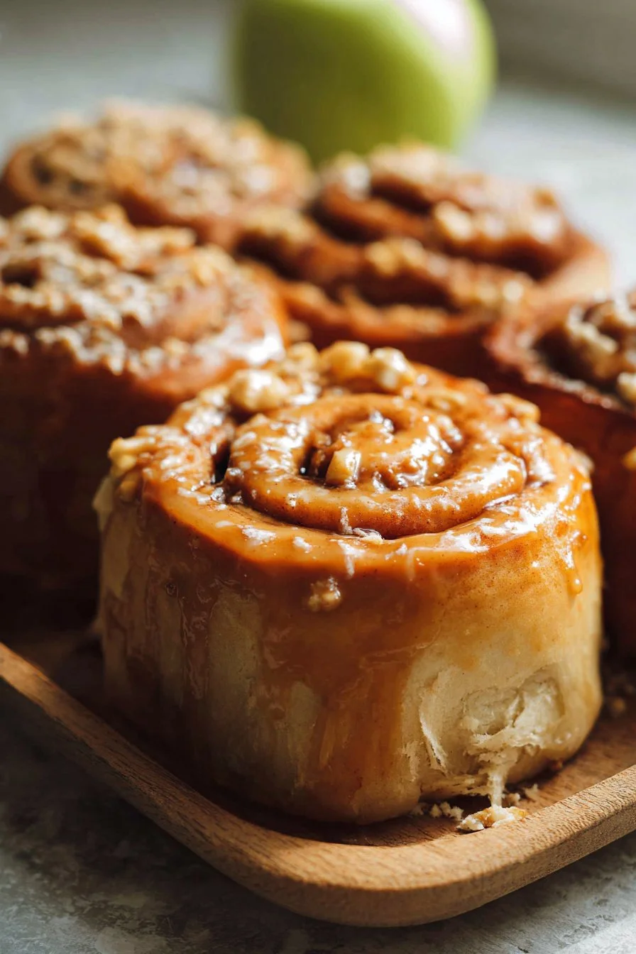 Homemade caramel apple cinnamon rolls drizzled with caramel sauce