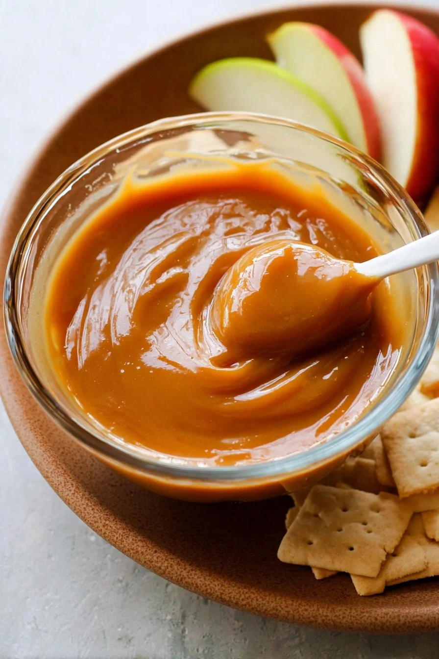 Delicious caramel apple dip served with fresh apple slices