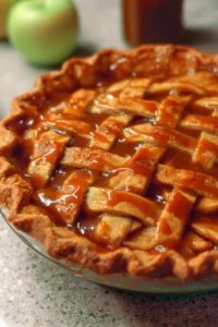 Delicious Caramel Apple Pie with caramel drizzle and apple slices