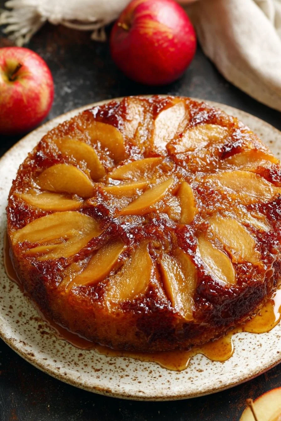 Delicious caramel apple upside down cake served on a plate