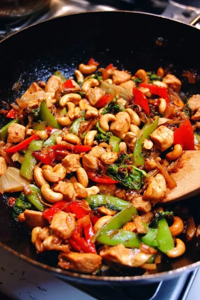 Delicious cashew chicken stir fry with colorful vegetables and cashews