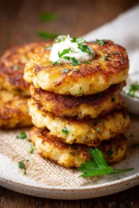 Plate of crispy cauliflower fritters garnished with herbs