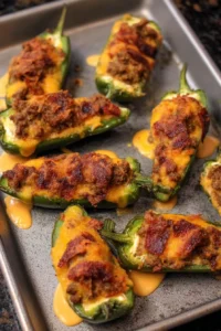 Cheeseburger stuffed jalapeno poppers with melted cheese and toppings