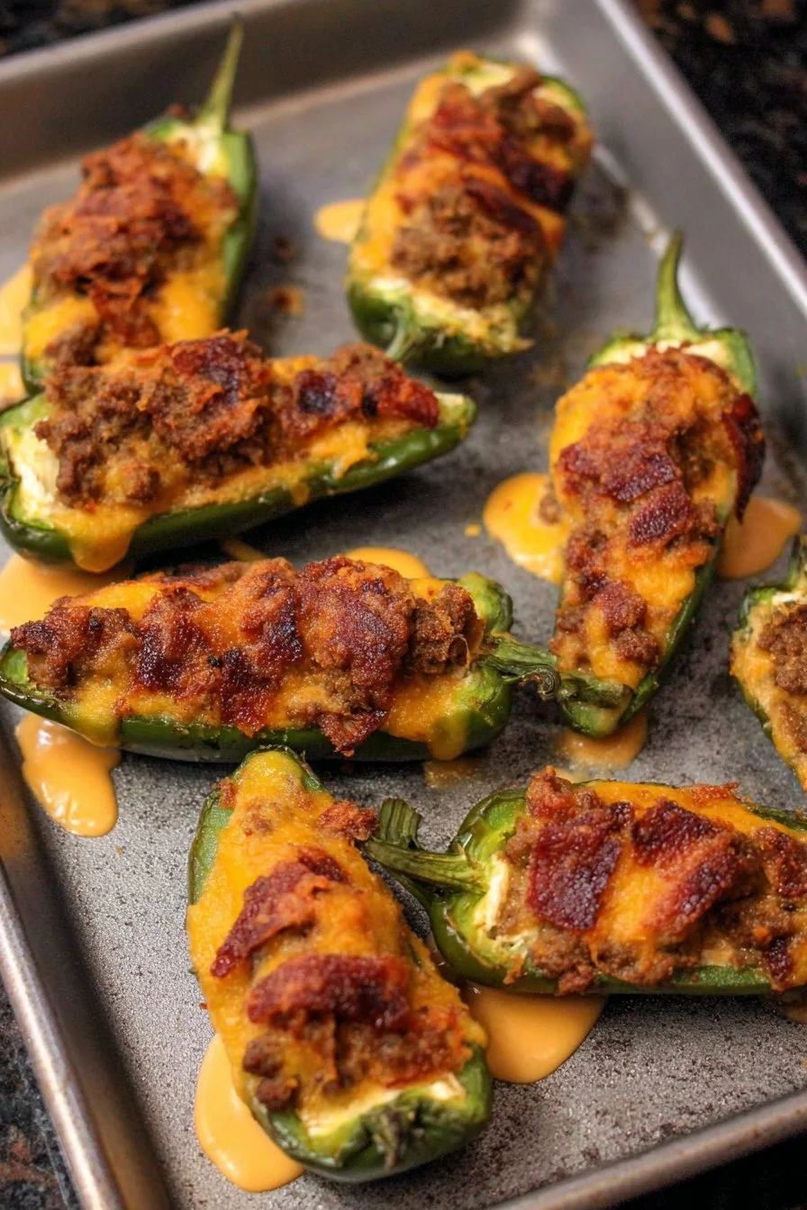 Cheeseburger stuffed jalapeno poppers with melted cheese and toppings