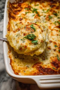Cheesy Alfredo Ravioli Casserole fresh from the oven, topped with melted cheese