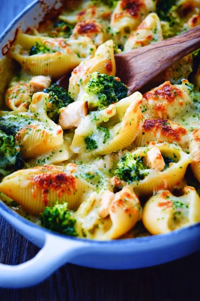 Cheesy chicken broccoli shells served in a bowl with melted cheese on top