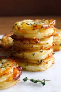 Cheesy potato stacks served on a plate, garnished with herbs.