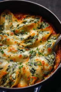 Cheesy spinach stuffed shells on a plate garnished with herbs