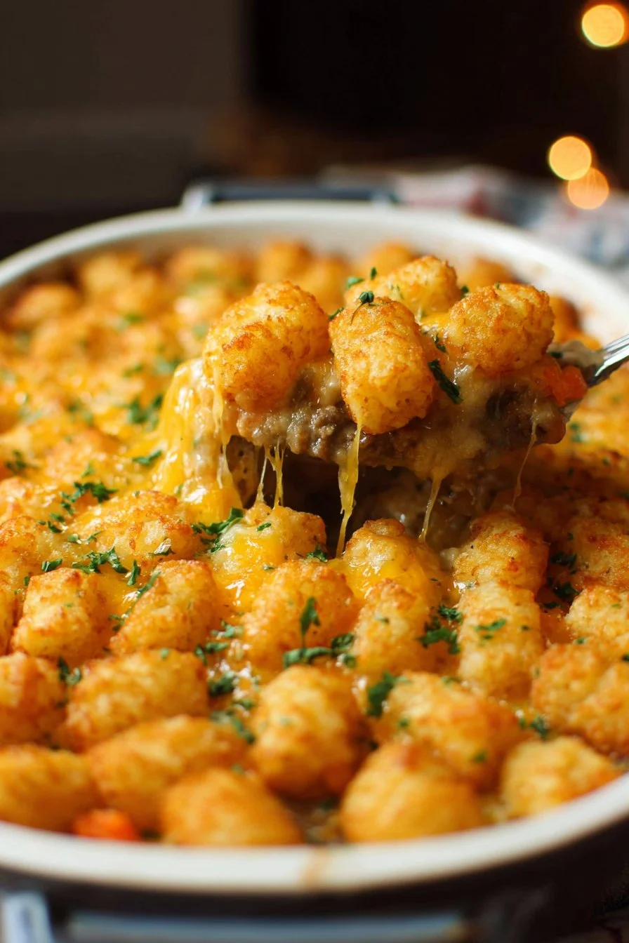 Delicious cheesy tater tot casserole dish baked to perfection
