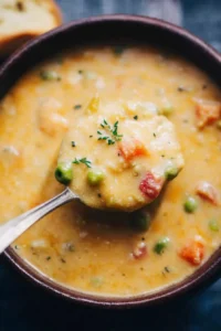 Bowl of cheesy vegetable soup with colorful vegetables and melted cheese on top.