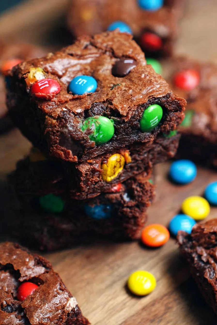 Chewy M&M brownies topped with colorful chocolate candies