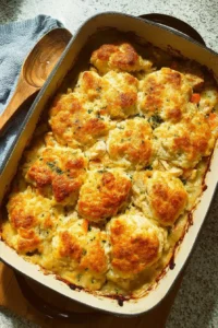 Delicious Chicken and Dumpling Casserole baked to perfection with tender chicken and fluffy dumplings.