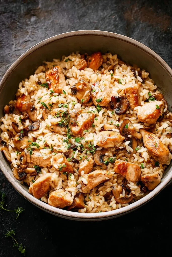 Plate of Chicken and Rice with Mushrooms garnished with parsley