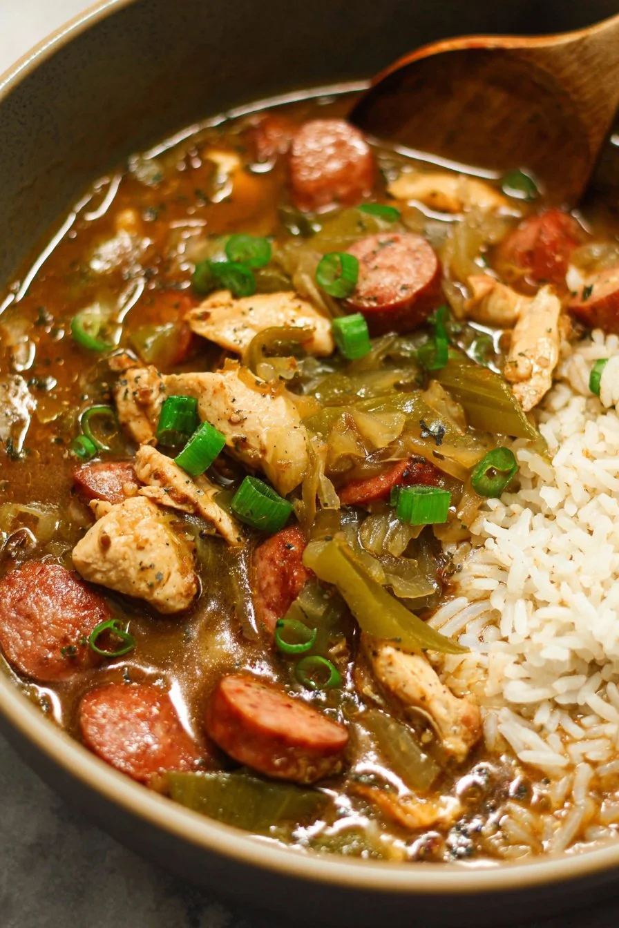 Bowl of Chicken and Sausage Gumbo with rice and green onions