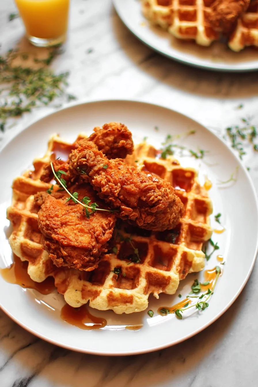 Delicious Chicken and Waffles on a plate with syrup and garnishes